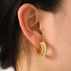 Elegant Stainless Steel Pearl C-Hoop Earrings - 18K Gold-Plated