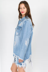 American Bazi Distressed Frayed Hem Denim Jacket - Vintage Style Cotton Outerwear