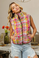 BiBi Quilted Washed Plaid Vest with Snap Closure | Cozy Fall Layering Essential