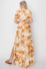 HYFVE Elegant Floral Tie Back Maxi Dress with Slit & Short Sleeves