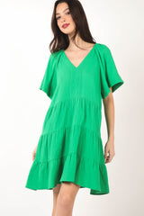 VERY J Textured V-Neck Ruffled Tiered Cotton Dress - Elegant & Feminine