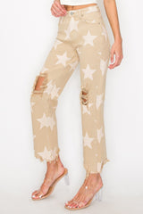 Trendy High Rise Star Printed Jeans with Distressed Frayed Hem