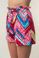 White Birch High Waisted Printed Knit Shorts with Adjustable Tie and Pockets