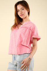 VERY J Women's Notched Short Sleeve Washed Knit T-Shirt - Casual and Trendy