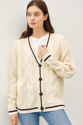 Trendy Contrast Trim Cable-Knit V-Neck Cardigan - Elegant & Fashionable