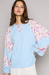 Floral Balloon Sleeve Round Neck Top - Elegant Women's Fashion