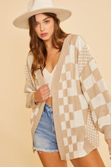Annie Wear Women's Checkered Open Front Drop Shoulder Cardigan - Trendy Knitwear