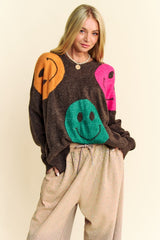 Davi & Dani Women's Oversized Contrast Smile Round Neck Sweater - Cozy & Stylish