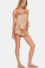 Luxurious Zenana V-Neck Satin Cami & Elastic Waist Shorts Lounge Set