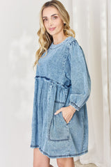 HEYSON Oversized Denim Babydoll Dress - Full Size Trendy Balloon Sleeve