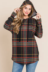 BOMBOM Drawstring Plaid Long Sleeve Hoodie - Stylish & Cozy Comfort