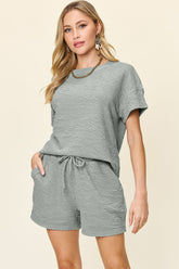Trendy Full-Size Textured T-Shirt & Shorts Set with Pockets - 2-Piece, Stretchy