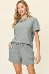 Trendy Full-Size Textured T-Shirt & Shorts Set with Pockets - 2-Piece, Stretchy