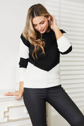 Stylish Two-Tone Openwork Rib-Knit Sweater - Cozy & Feminine Layering Essential