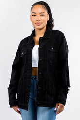 American Bazi Full Size Distressed Denim Jacket with Button-Up Closure