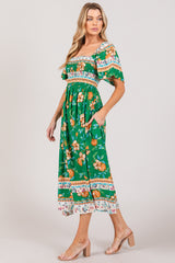 Chic Smocked Short Sleeve Midi Dress with Stylish Print