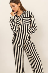 HYFVE Women's Striped Button Up Shirt & Wide-Leg Pants Set - Chic & Sophisticated Fashion