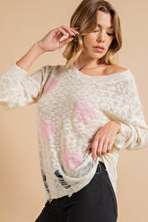 Kori America Heart Pattern Distressed Sweater - Trendy Knitwear for Women