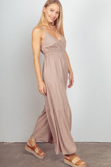 Chic Sleeveless Ruched Wide Leg Jumpsuit with Adjustable Straps