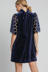 Umgee Velvet Dress with Dotted Lace Half Sleeves and Back Tie