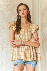 ADORA Women's 100% Cotton Ruffled Square Neck Babydoll Blouse with Cap Sleeves