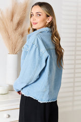 Trendy Double Take Dropped Shoulder Raw Hem Denim Jacket for Effortless Style