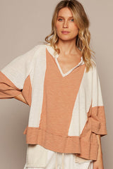 Trendy POL Notched Frayed Edge Contrast Top for Stylish Outfits