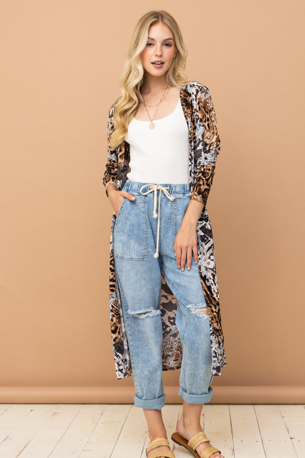 Chic Leopard Print Kimono Open Front Longline Cardigan for Women