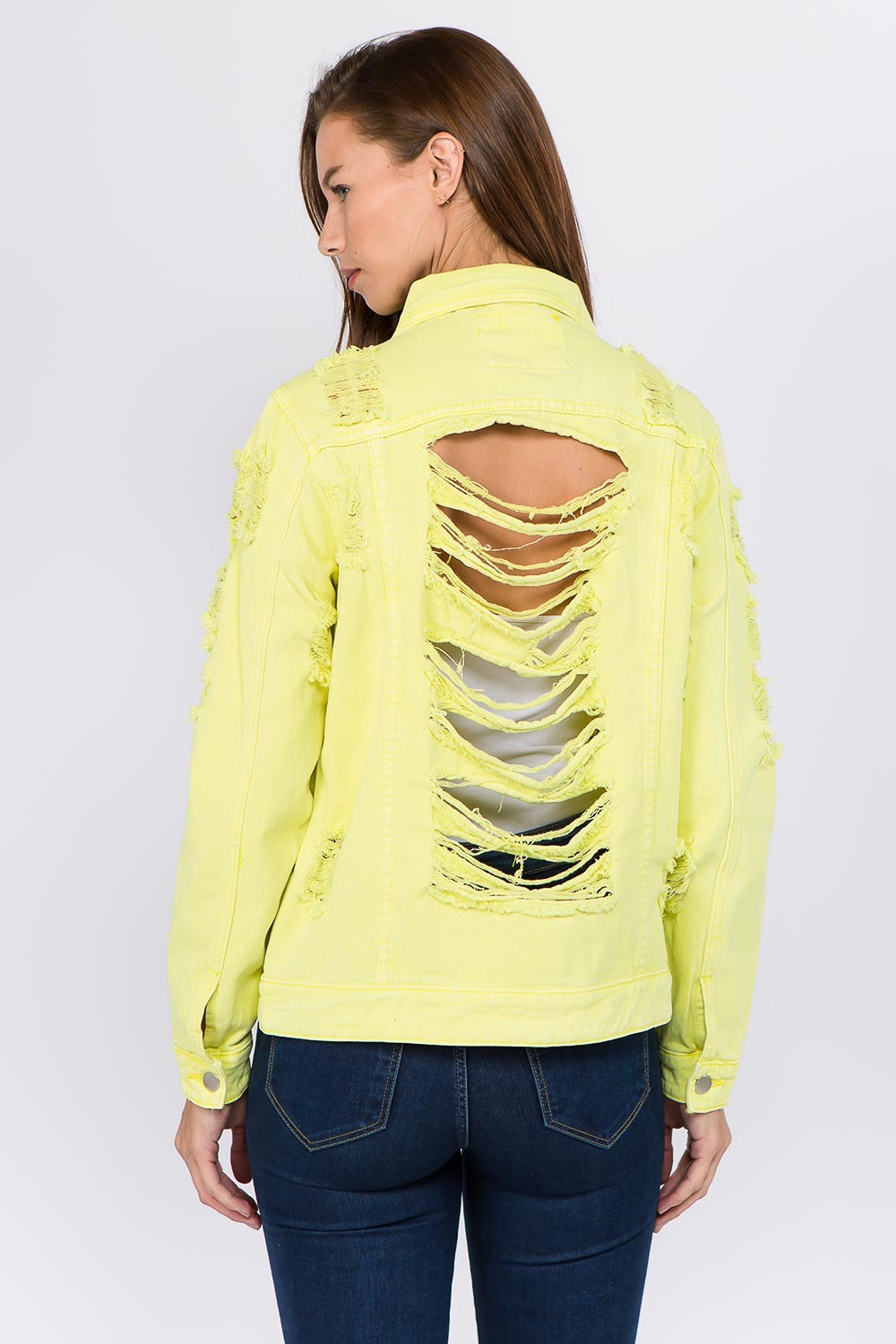 American Bazi Women's Distressed Denim Jacket with Button Back Closure