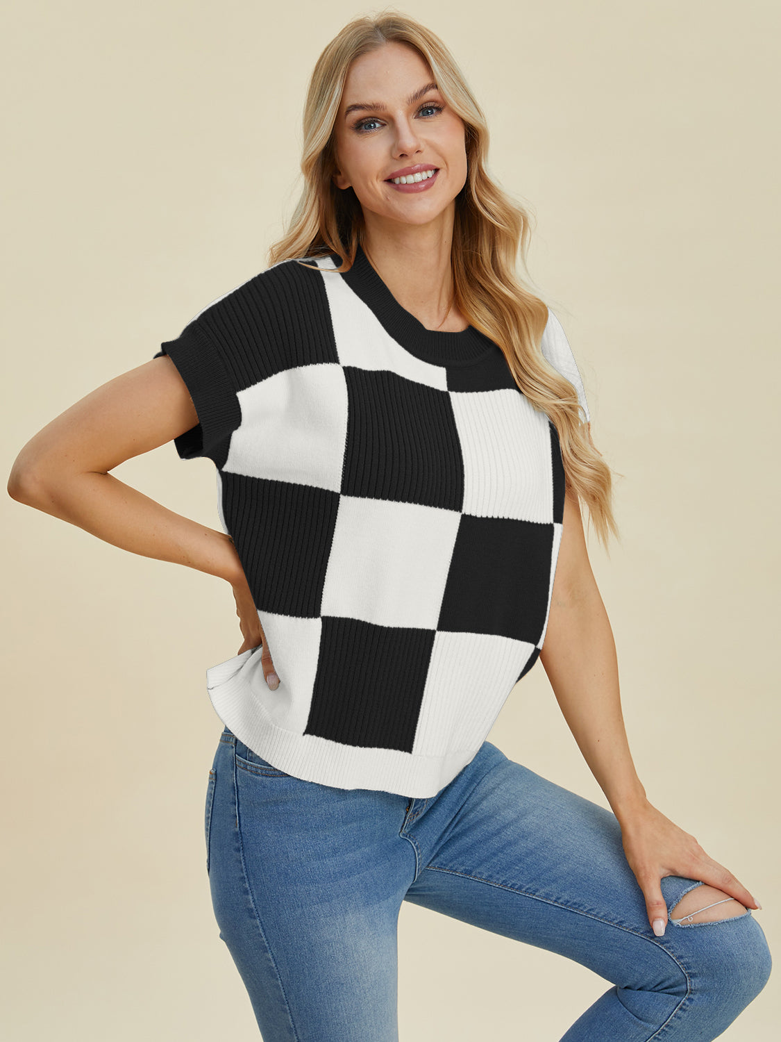 Stylish Checkered Round Neck Short Sleeve Sweater - Double Take Collection