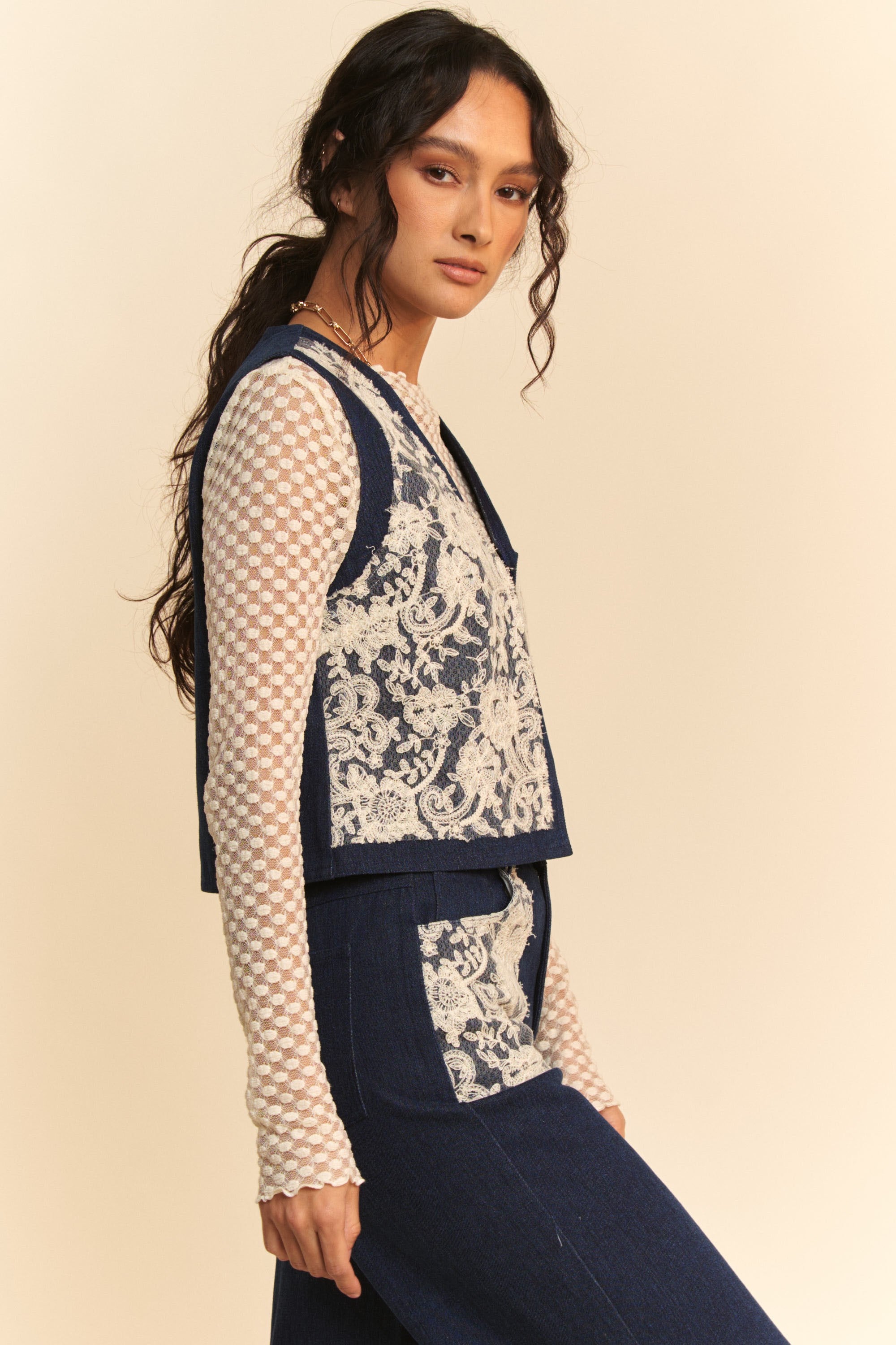 Davi & Dani Lace Patch Open Front Denim Vest - Trendy Layering Apparel