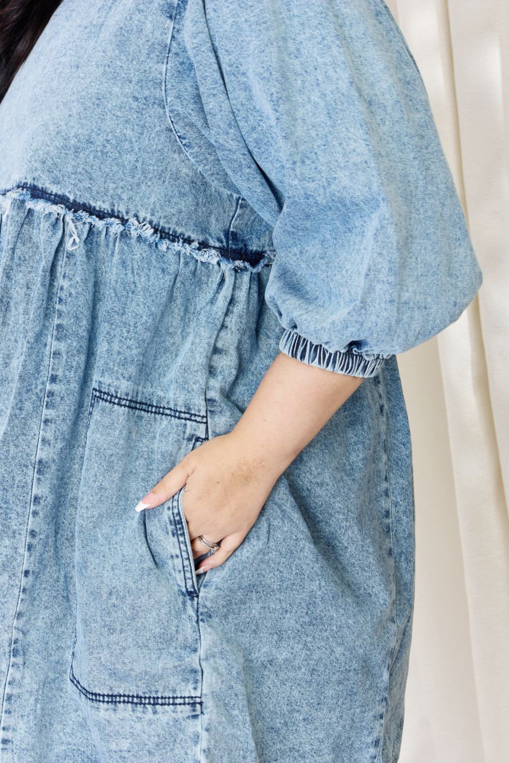 HEYSON Oversized Denim Babydoll Dress - Full Size Trendy Balloon Sleeve