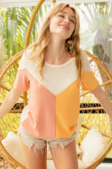 BiBi Women's Round Neck Color Block Short Sleeve T-Shirt - Stylish & Comfortable