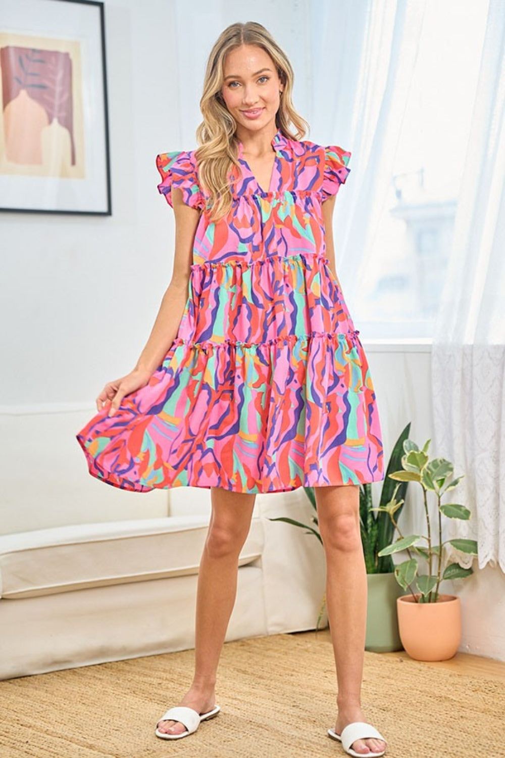 First Love Full Size Ruffle Cap Sleeve Tiered Dress - Chic Printed Design