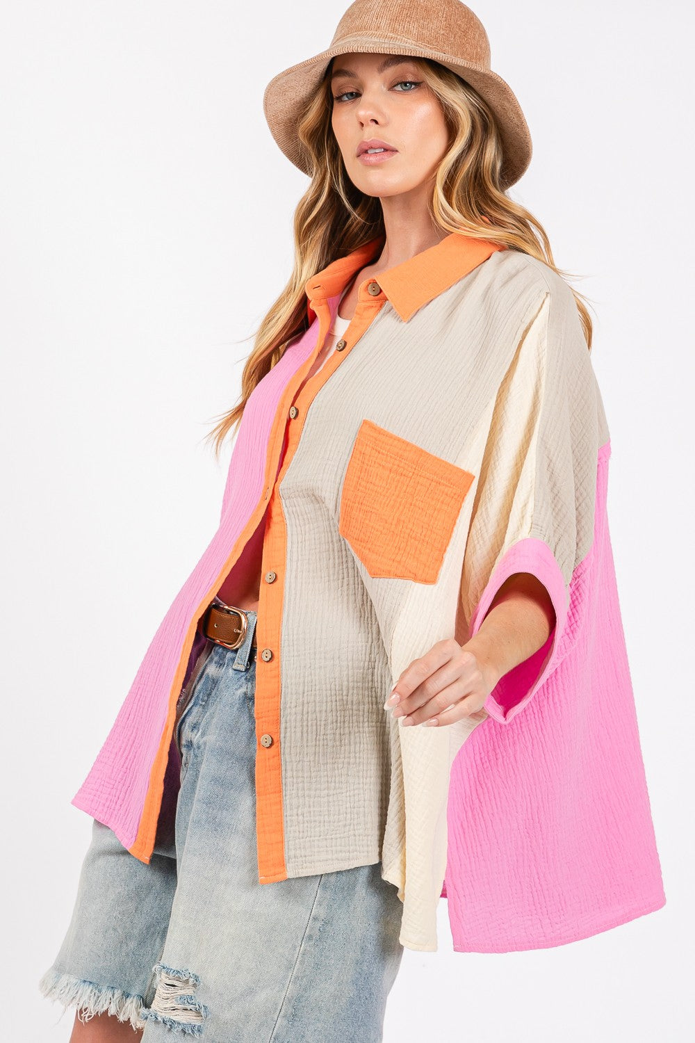 SAGE + FIG Full Size Modern Color Block Cotton Button-Down Shirt