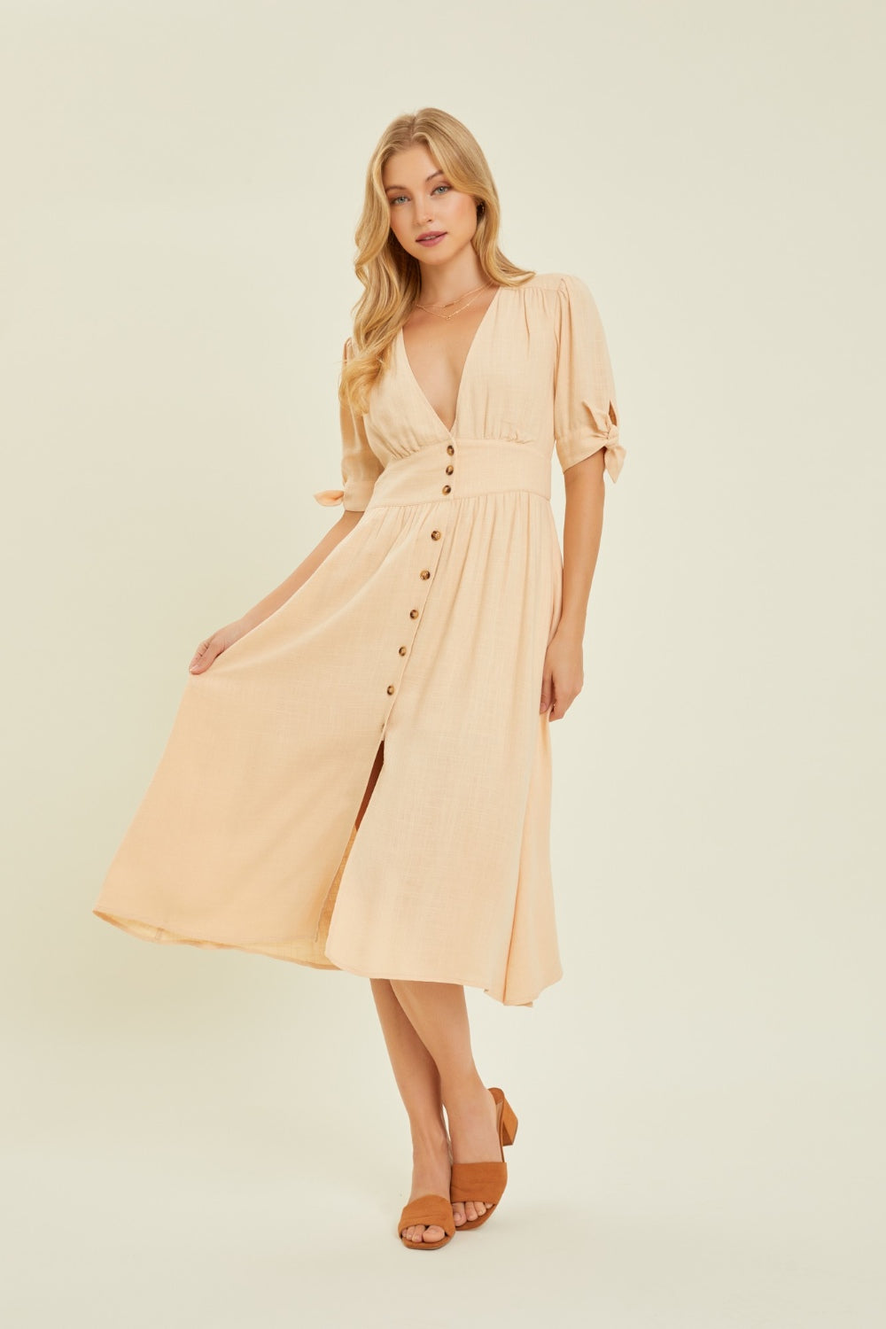 HEYSON Full Size Textured Linen V-Neck Button-Down Midi Dress with Pockets