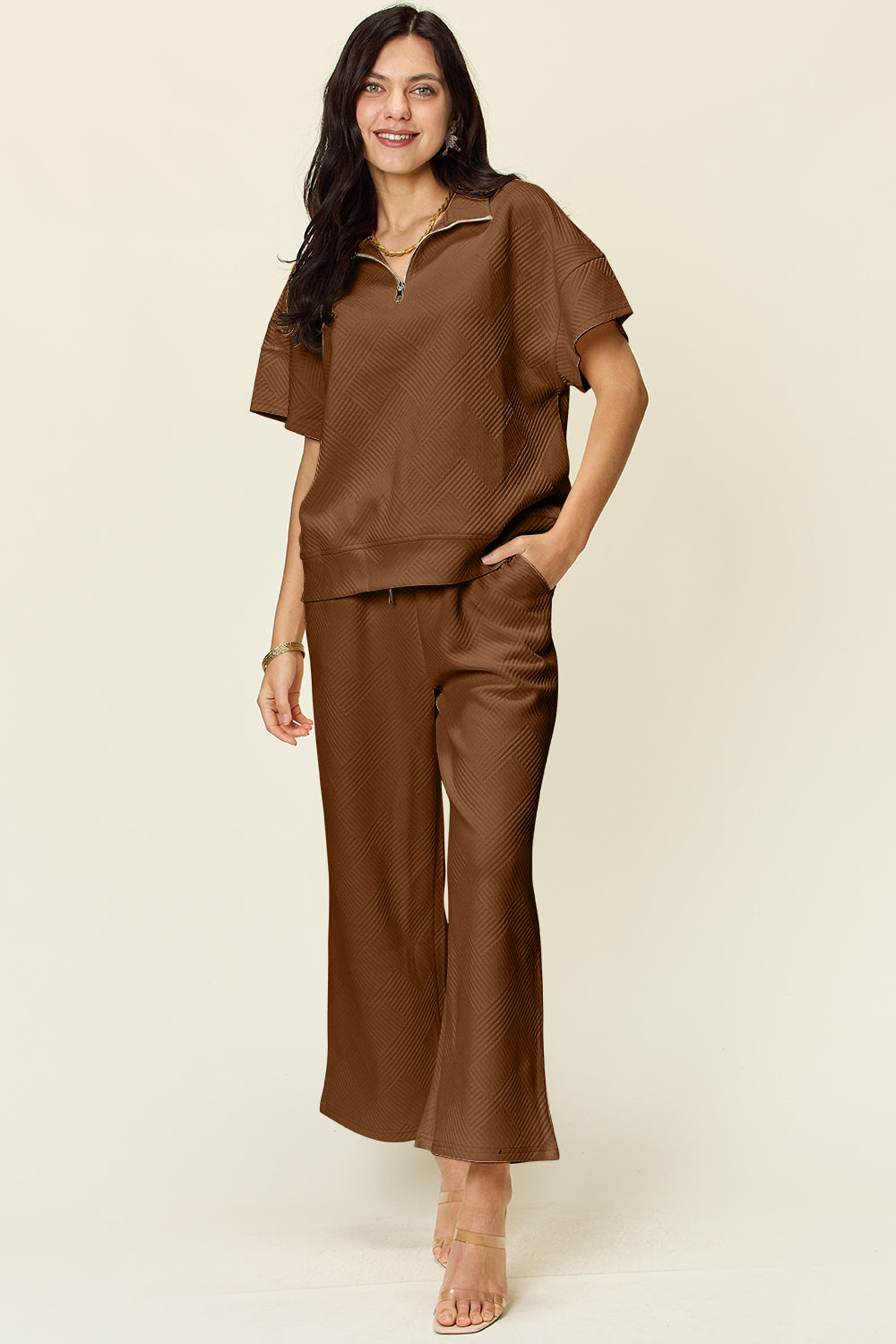 Double Take Women's Full Size Half Zip Pocketed Two-Piece Top and Pants Set