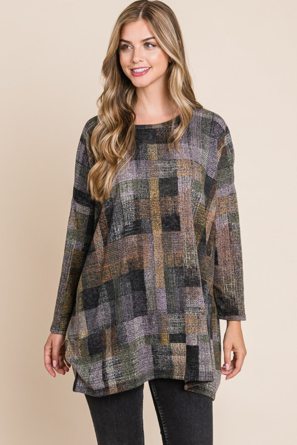 BOMBOM Women's Plaid Round Neck Long Sleeve Top - Timeless Style & Comfort