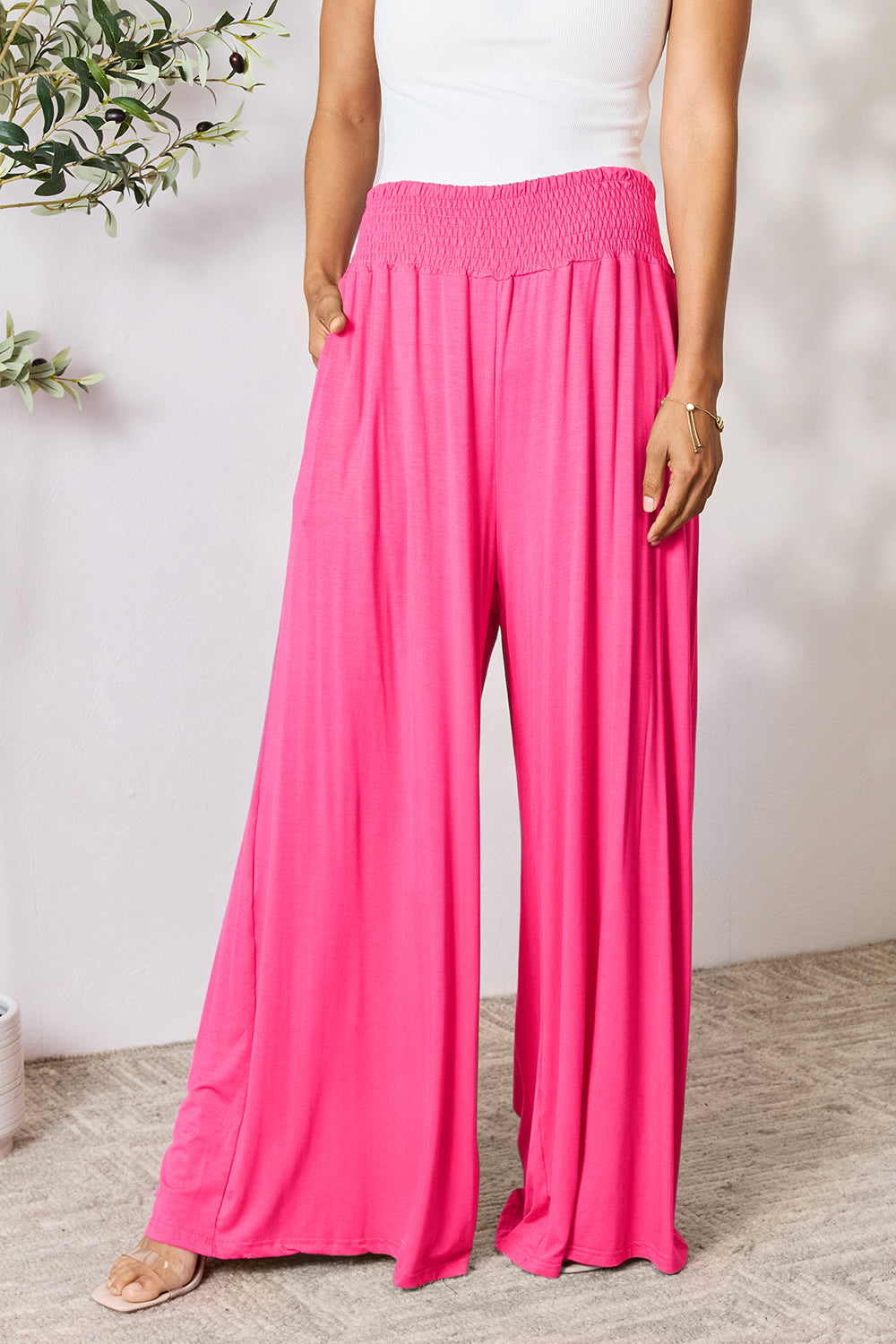 Women's Full Size Smocked High-Waist Wide Leg Pants - Trendy & Comfortable