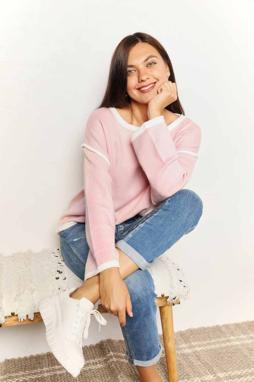Contrast Detail Dropped Shoulder Knit Top - Elegant Boat Neck Pullover