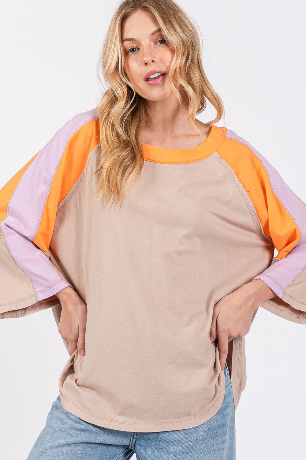 Trendy Color Block Curved Hem Cotton T-Shirt by SAGE + FIG