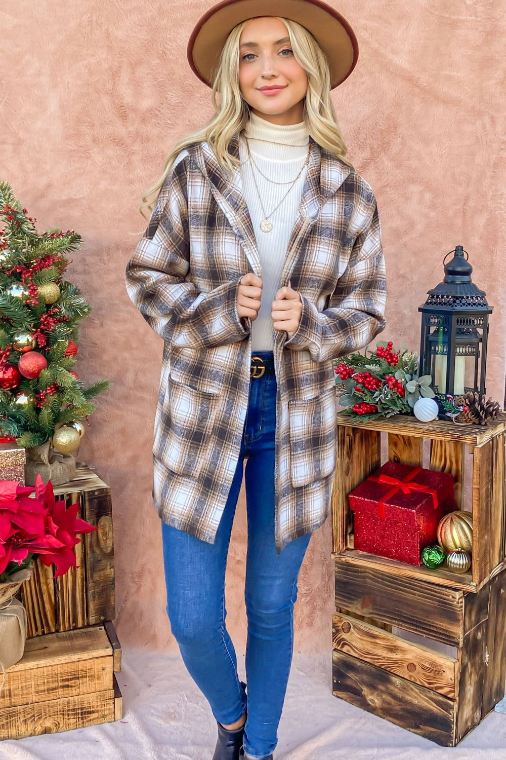 And The Why Plaid Hooded Shacket - Stylish Open Front Layer