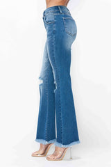 bytos Full Size Raw Hem Distressed High Rise Bootcut Jeans side view showcasing trendy flare and distressed detailing.