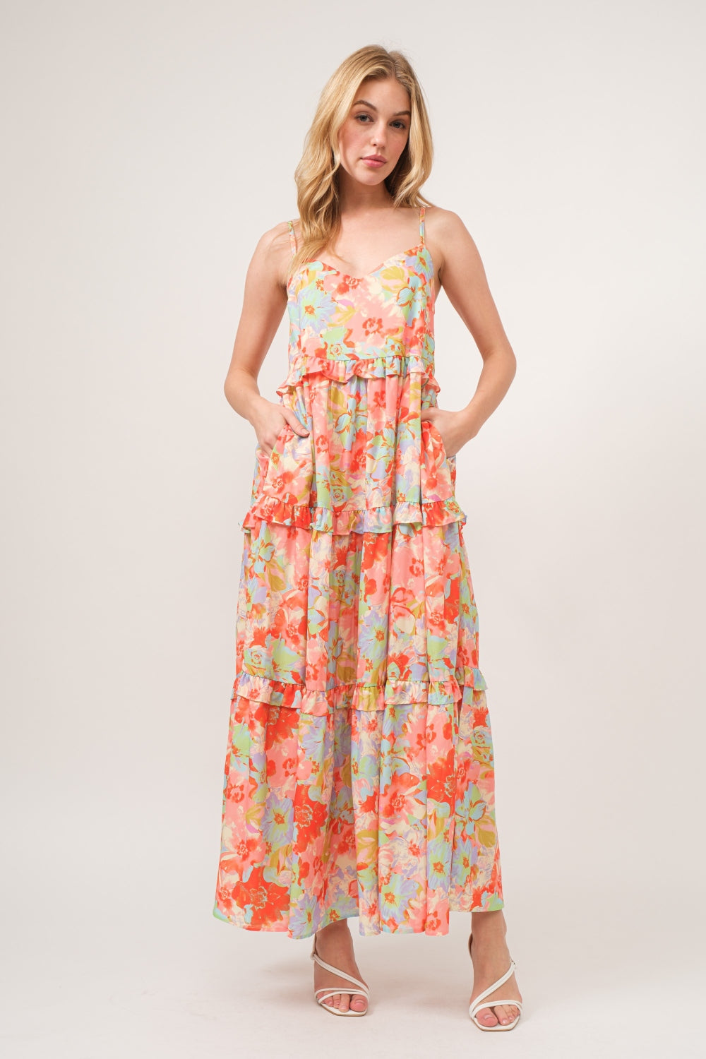 Elegant Floral Ruffled Tiered Maxi Dress with Adjustable Straps