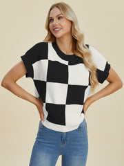 Stylish Checkered Round Neck Short Sleeve Sweater - Double Take Collection