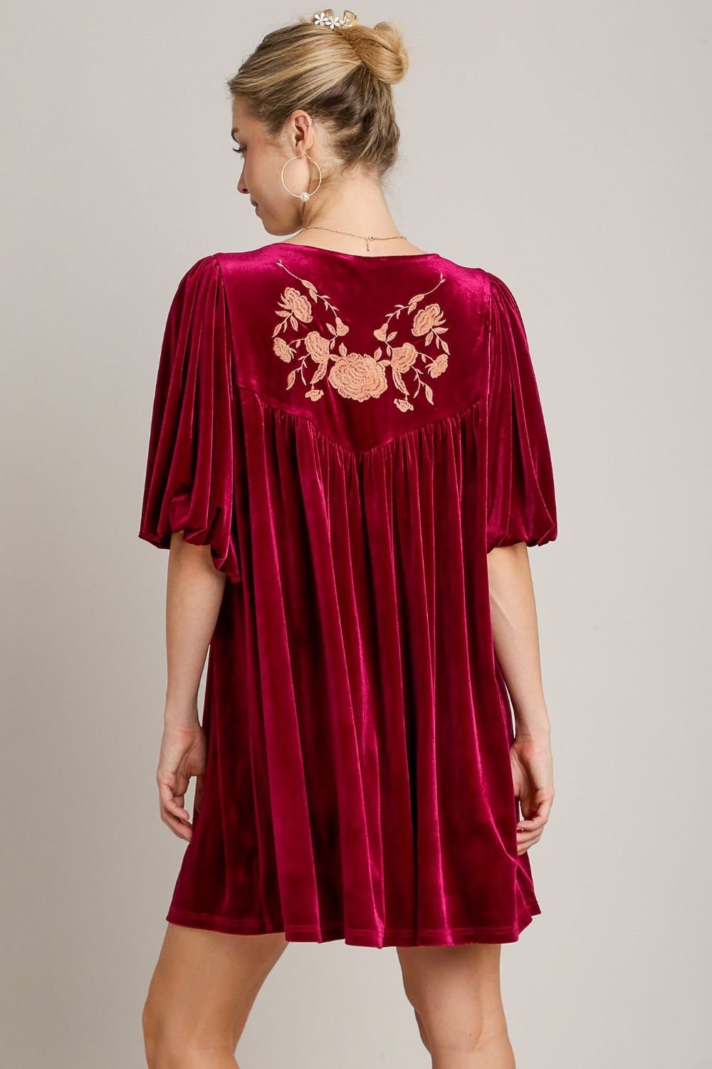 Umgee Velvet Mini Dress with Embroidered Half Sleeves and Tassels