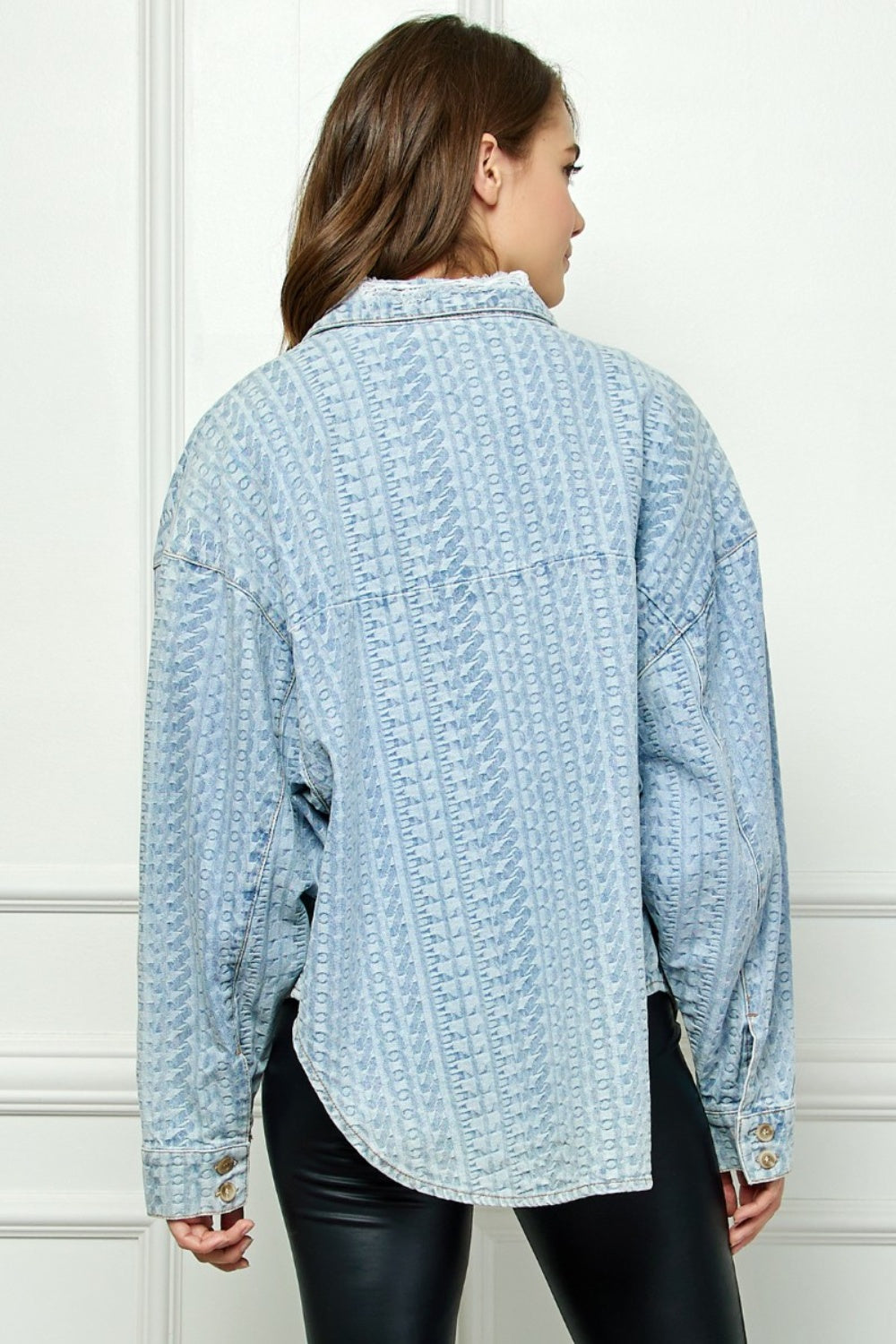Veveret Relaxed Fit Button-Up Denim Top with Dropped Shoulders