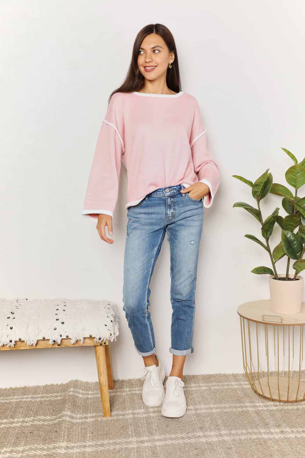 Contrast Detail Dropped Shoulder Knit Top - Elegant Boat Neck Pullover