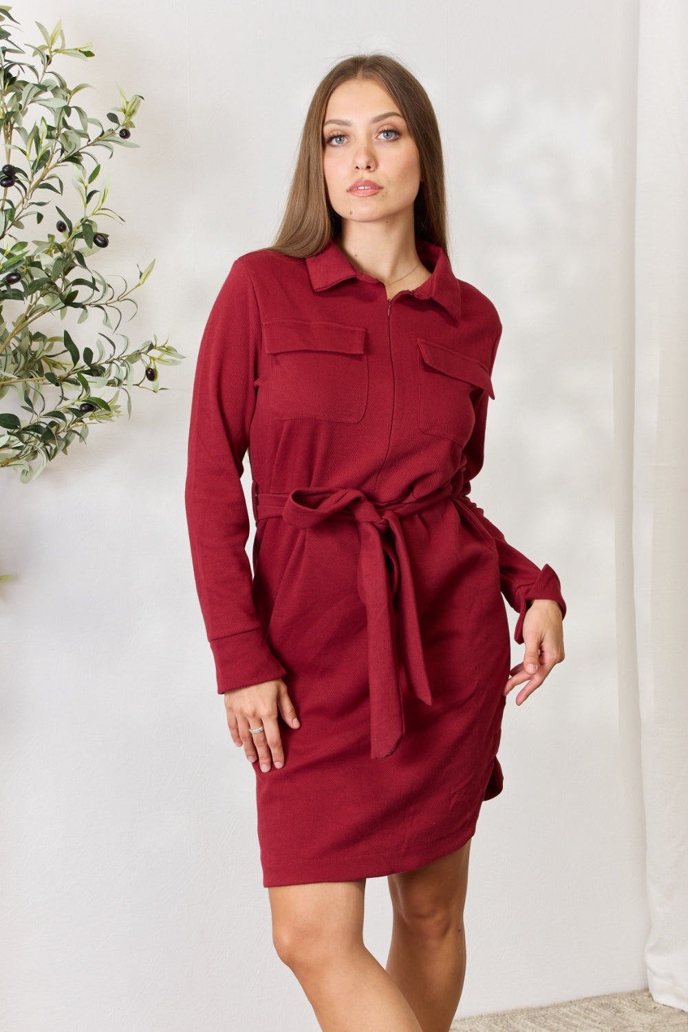 Culture Code Full Size Tie Front Half Zip Long Sleeve Shirt Dress for Effortless Style