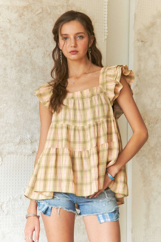 ADORA Women's Ruffled Square Neck Cap Sleeve Babydoll Blouse - 100% Cotton